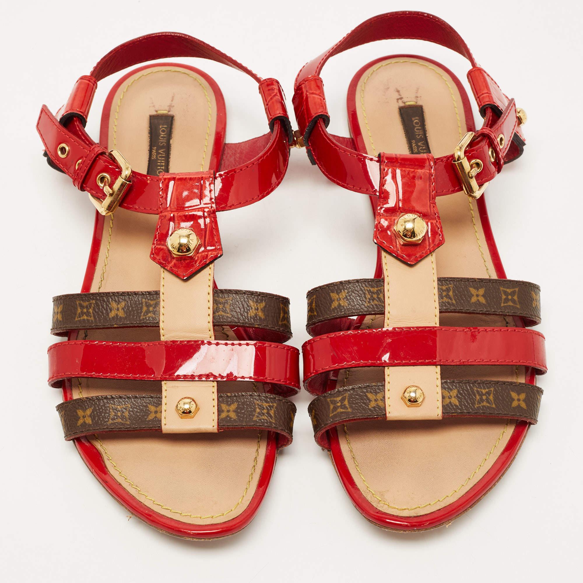 Louis Vuitton Red/Brown Patent Leather and Monogram Canvas Flat Sandals Size 37 1
