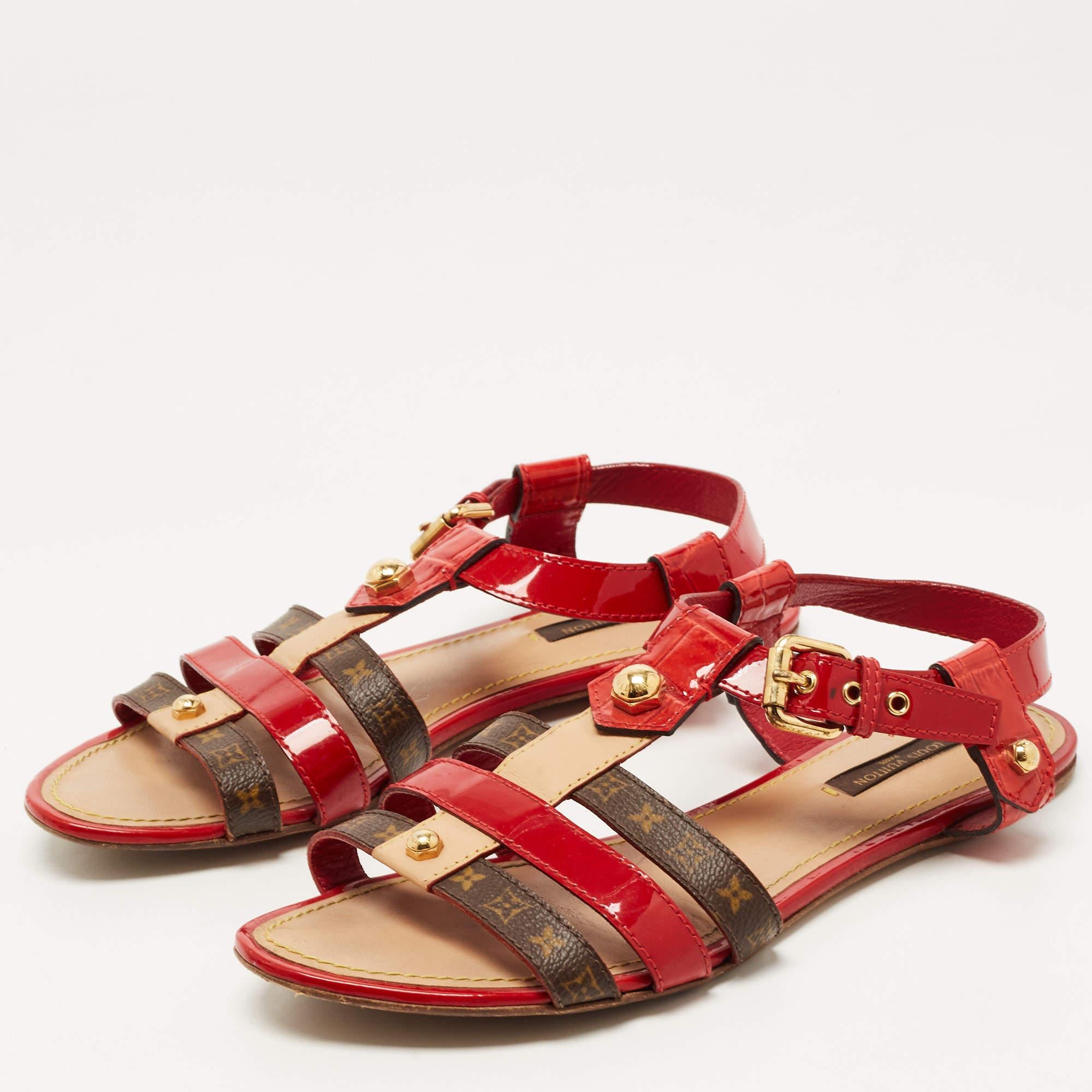 Louis Vuitton Red/Brown Patent Leather and Monogram Canvas Flat Sandals Size 37 2