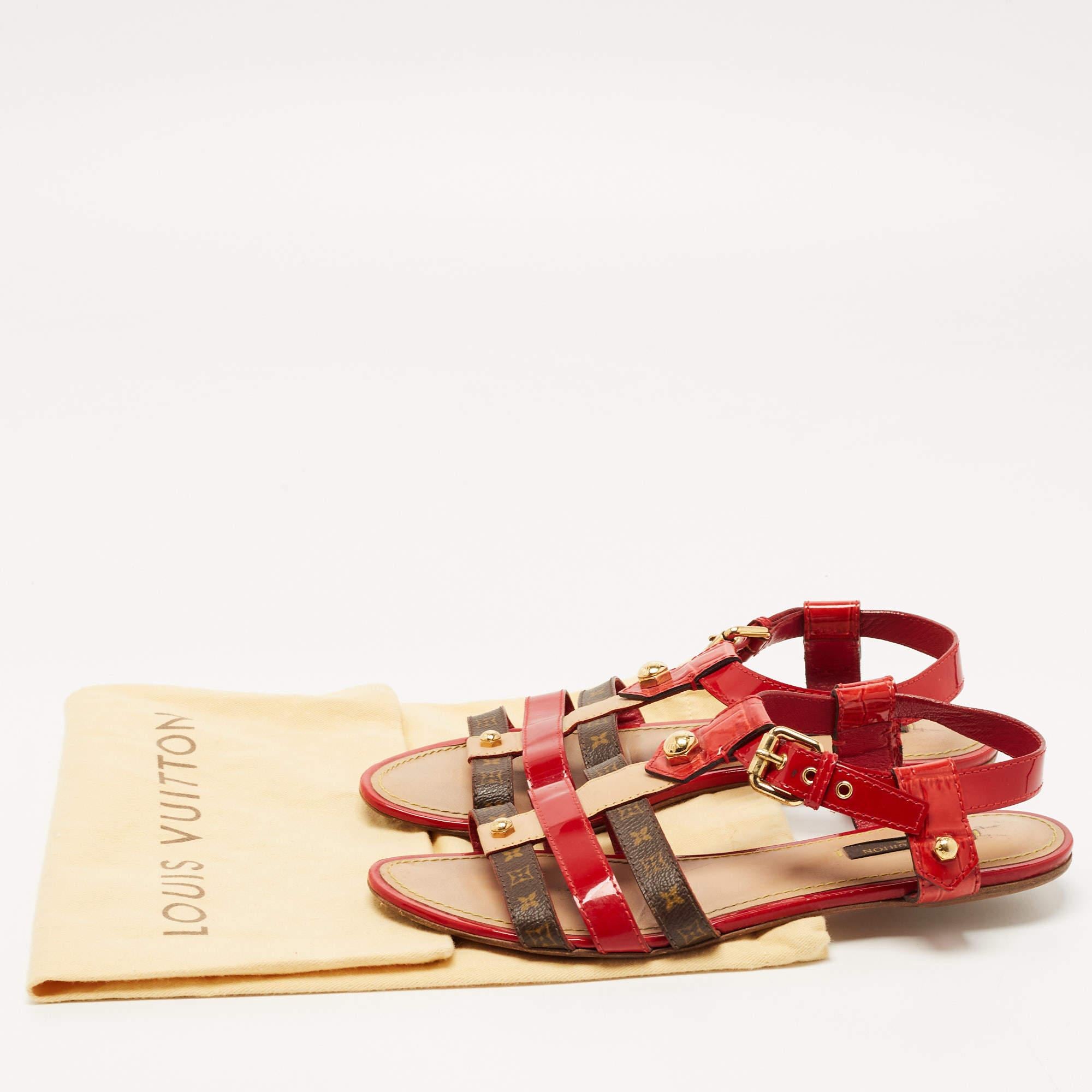 Louis Vuitton Red/Brown Patent Leather and Monogram Canvas Flat Sandals Size 37 5