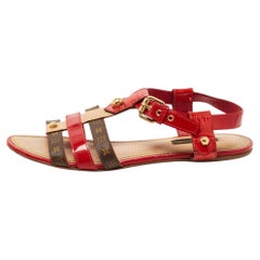 Louis Vuitton Red/Brown Patent Leather and Monogram Canvas Flat Sandals Size 37