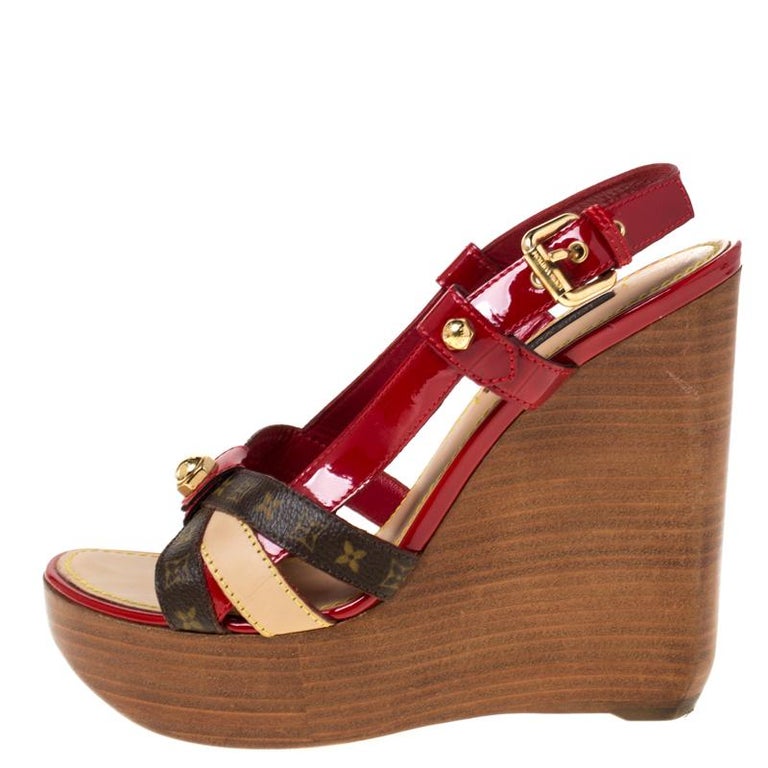 Louis Vuitton Red/Brown Strap Monogram and Platform Wedge Sandals Size 36.5 For Sale at 1stdibs