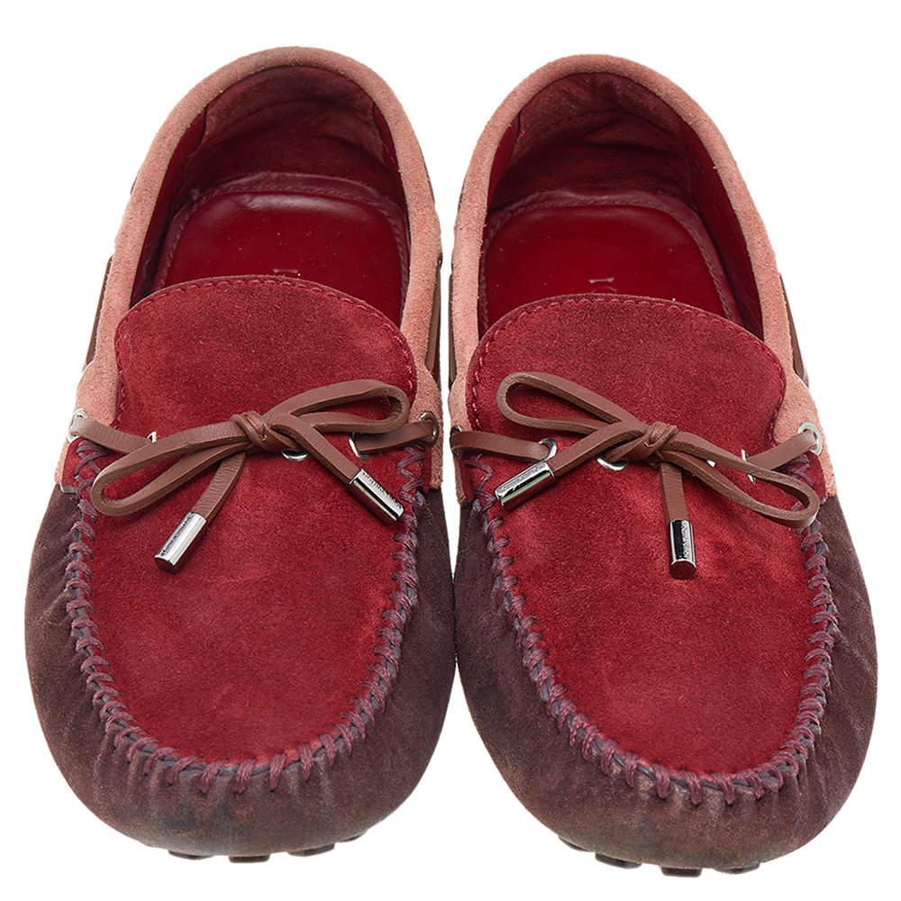 Louis Vuitton Red/Brown Suede And Leather Bow Loafers Size 44 For Sale 3