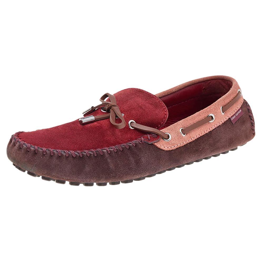 Louis Vuitton Red/Brown Suede And Leather Bow Loafers Size 44 For Sale