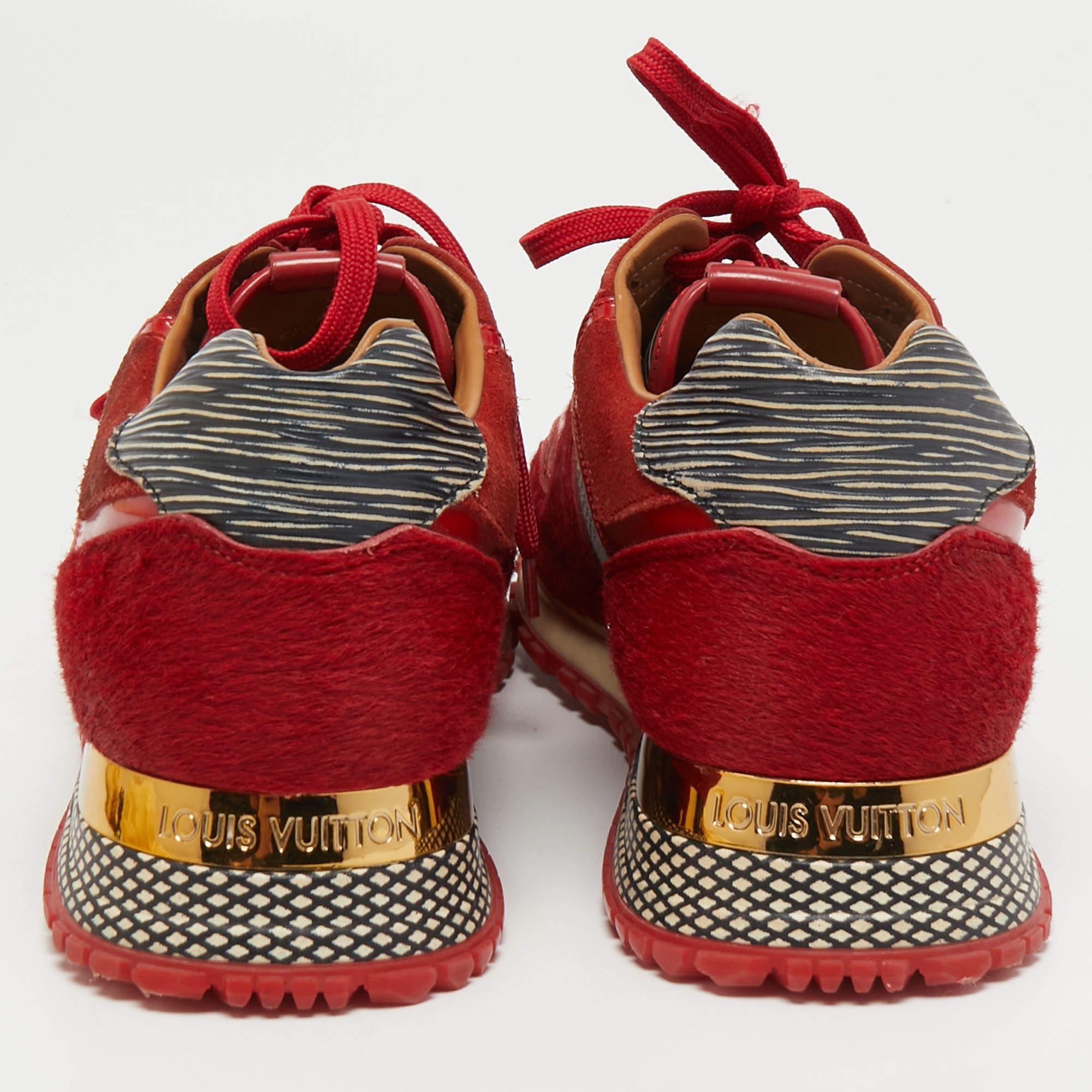 Louis Vuitton Red Calf Hair, Fabric and Epi Leather Run Away Sneakers Size 38.5 In Good Condition In Dubai, Al Qouz 2