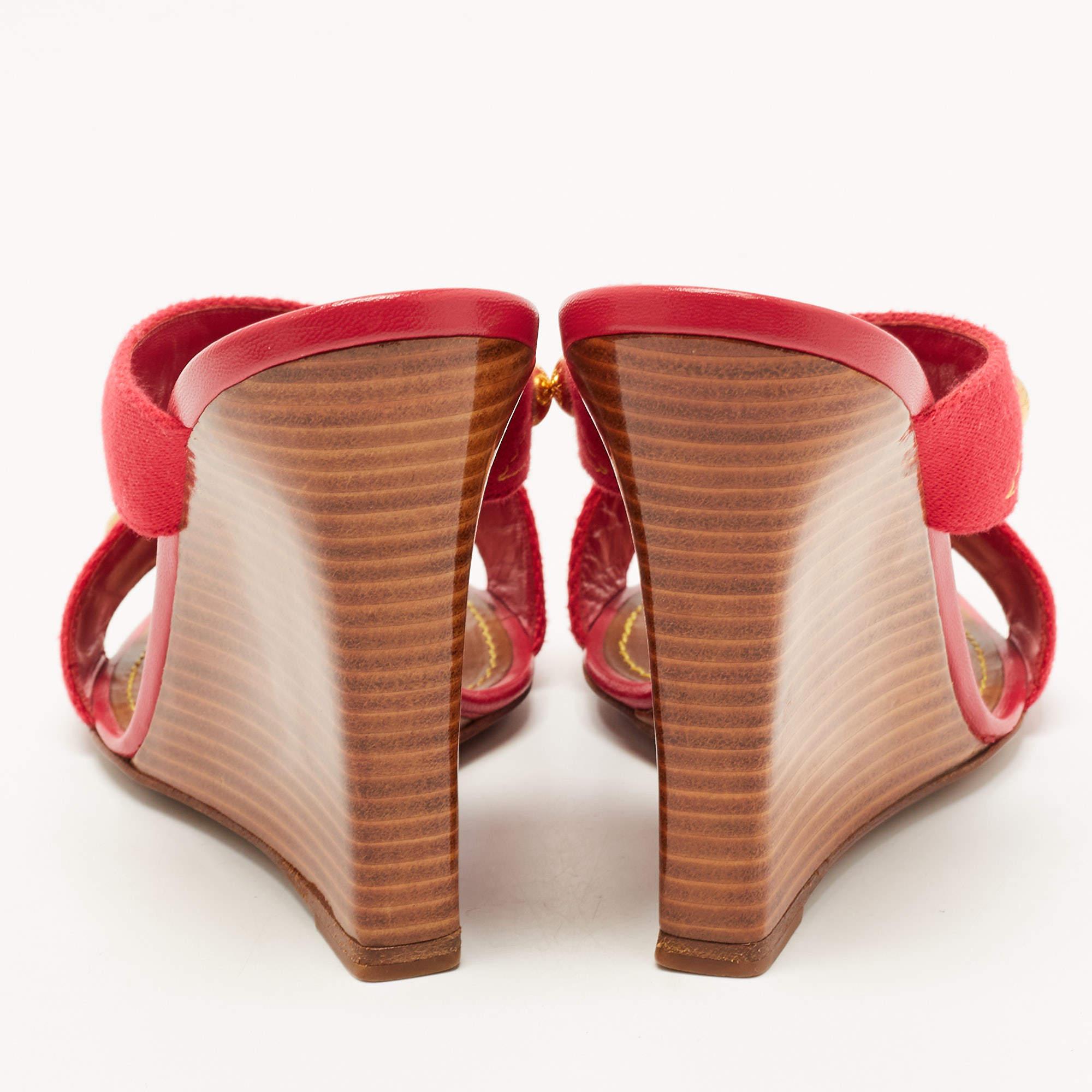 Louis Vuitton Red Canvas Studded Crosscross Strap Wedge Sandals Size 38 3