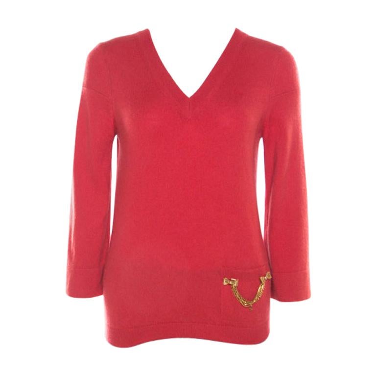 Louis Vuitton Red Cashmere Embellished Pocket Sweater M