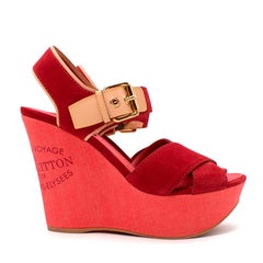 Louis Vuitton Red Denim & Suede Crossover Wedge Sandals