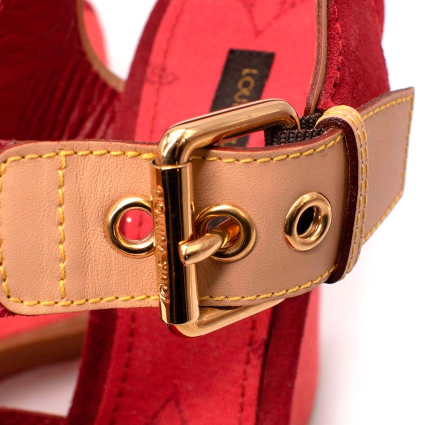 Louis Vuitton Red Denim & Suede Crossover Wedge Sandals In Excellent Condition In London, GB