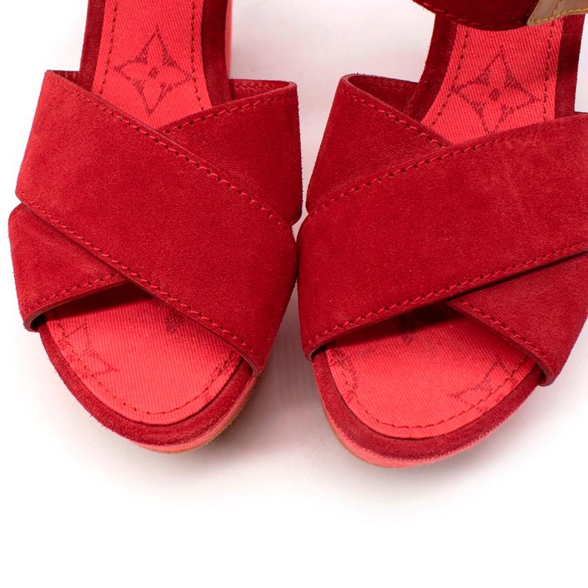 Women's Louis Vuitton Red Denim & Suede Crossover Wedge Sandals