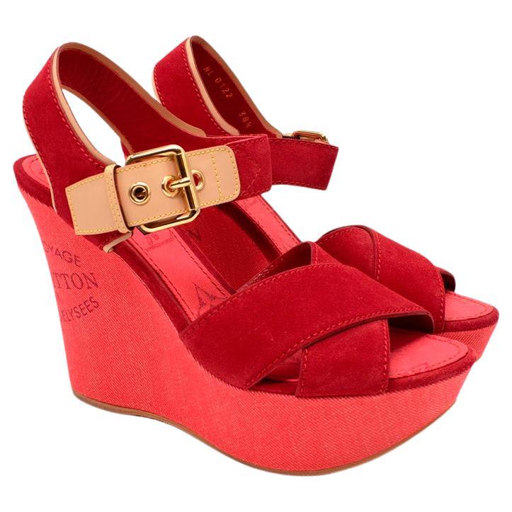 Louis Vuitton Red Denim & Suede Crossover Wedge Sandals