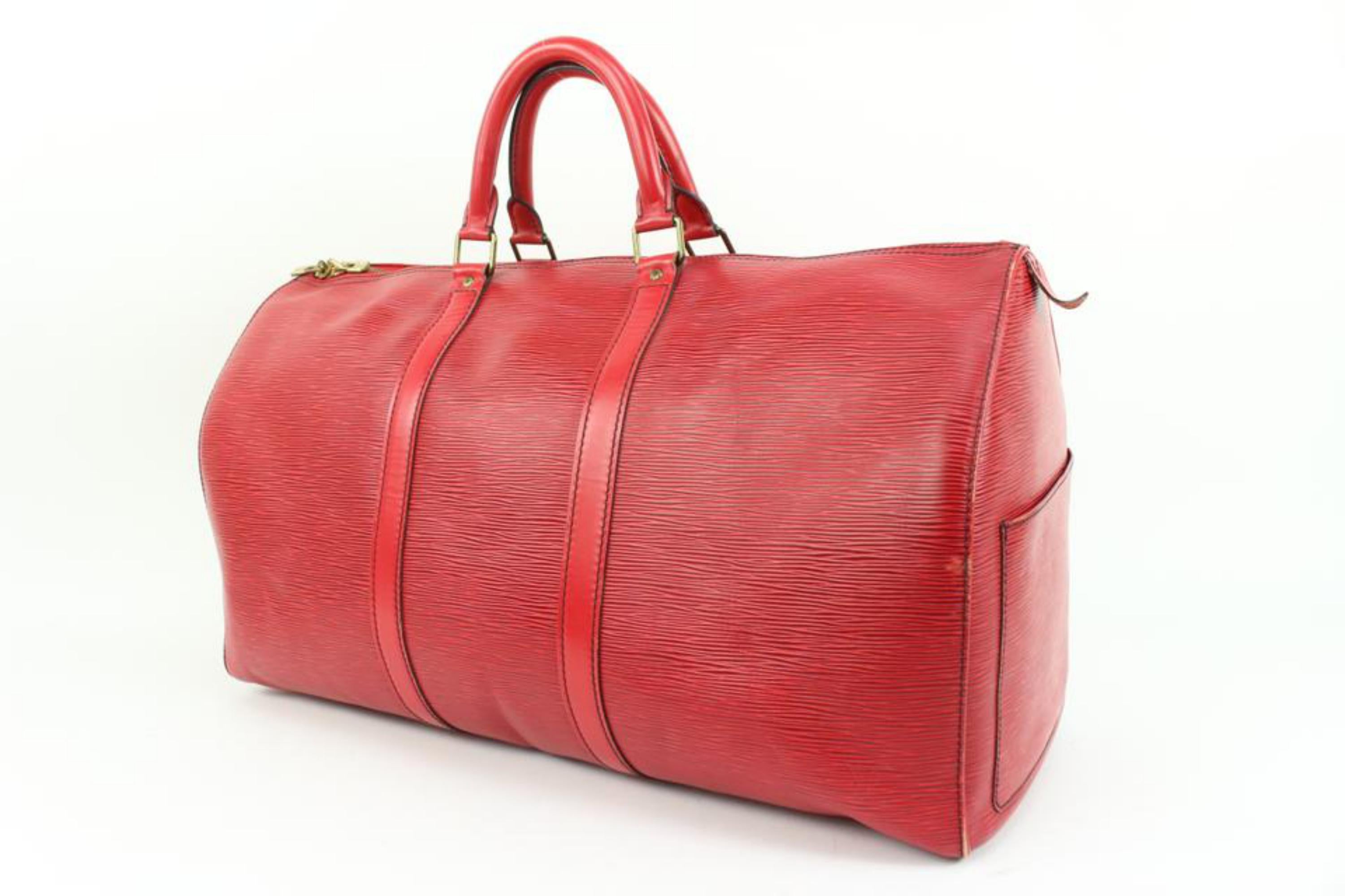 Louis Vuitton Red Epi Leather Keepall 50 Duffle Bag 89lk328s
Date Code/Serial Number: VI8907
Made In: France
Measurements: Length:  20