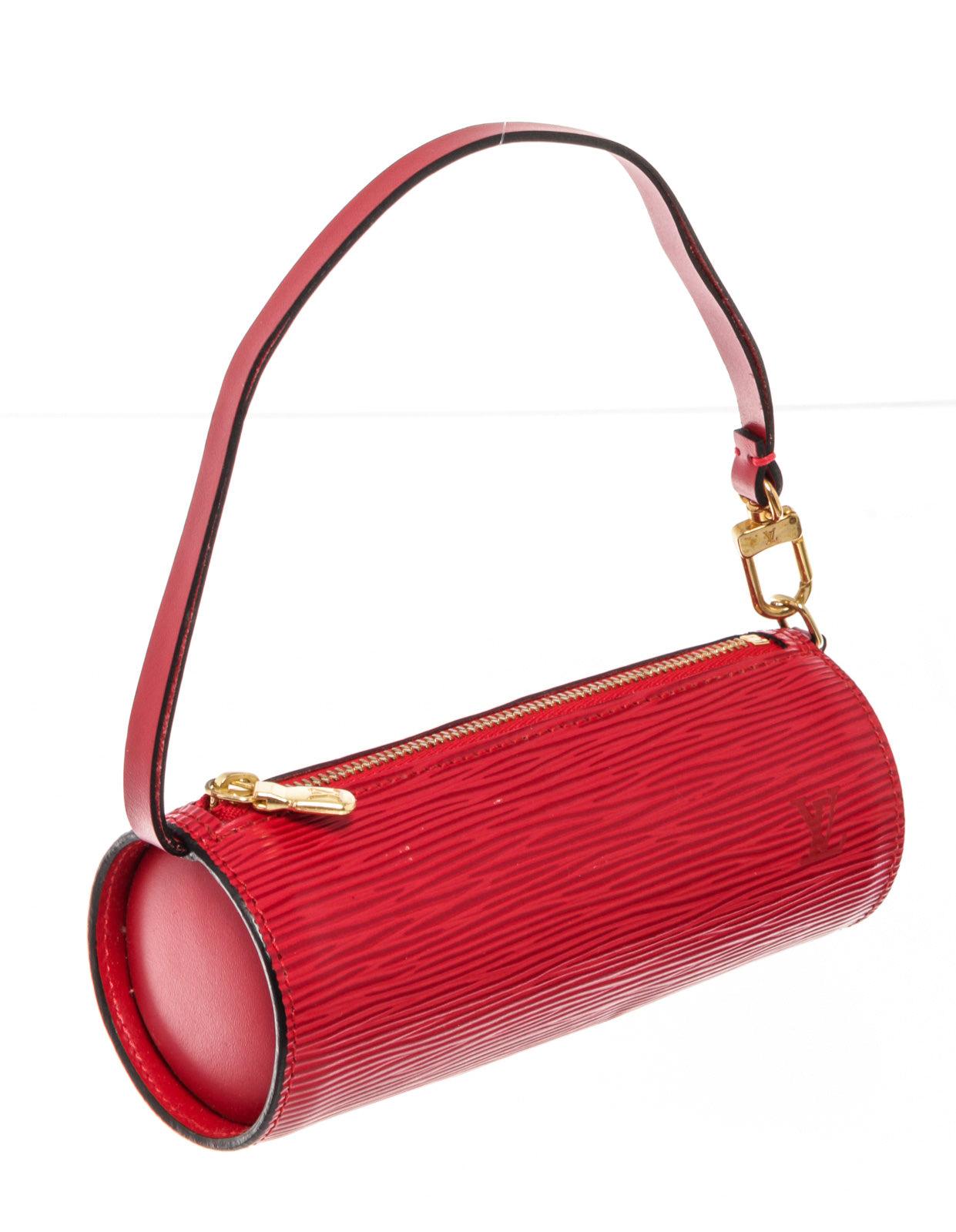 Louis Vuitton Red Epi Leather Mini Papillon Pochette Bag with siler-tone hardware, monogram material, tan vachetta leather trim, top handle, leather shoulder strap, and zipper closure.

61172MSC