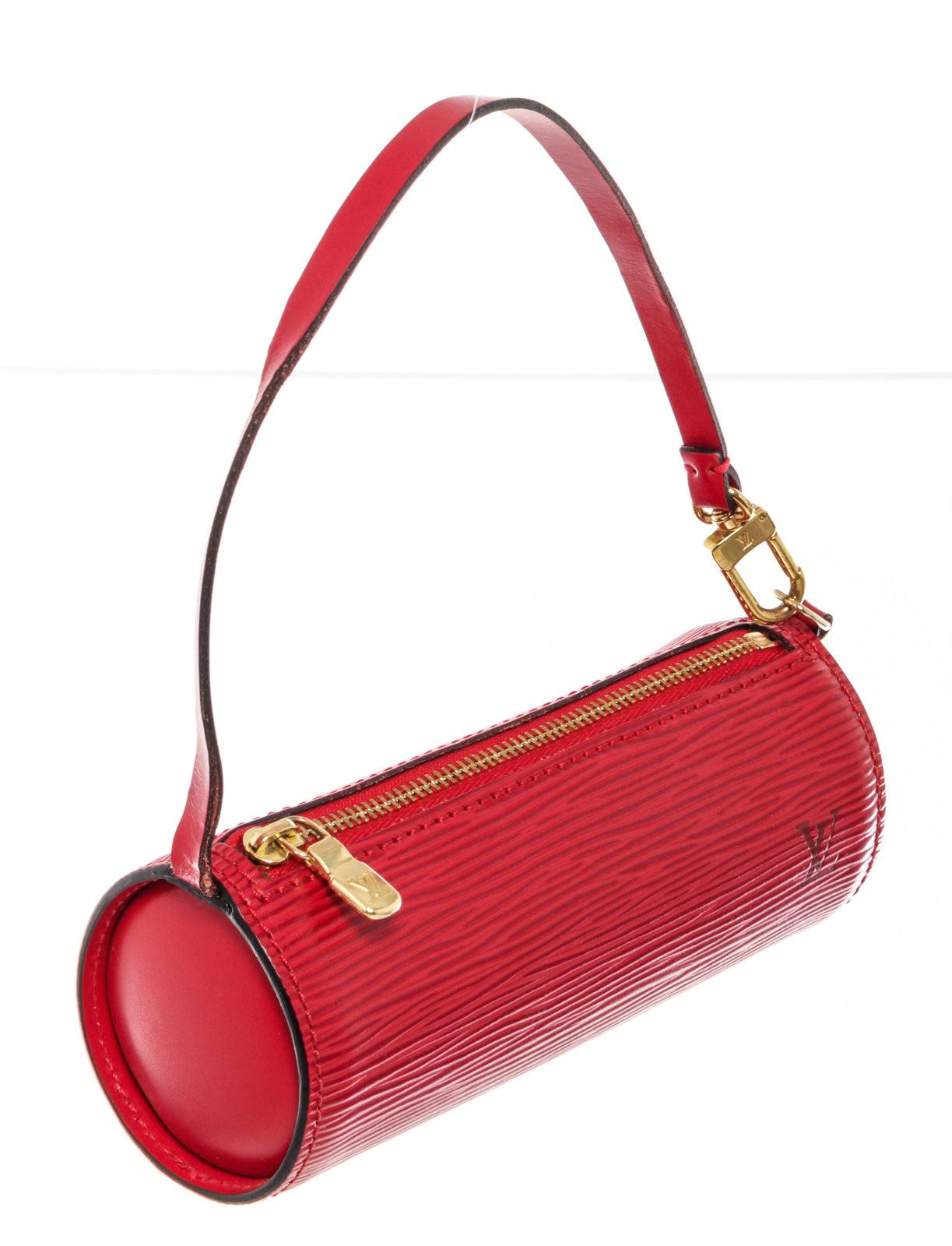Louis Vuitton Red Epi Leather Mini Papillon Pochette Bag with silver-tone hardware, monogram material, tan vachetta leather trim, top handle, embossed logo, leather shoulder strap, and zipper closure.
61174MSC