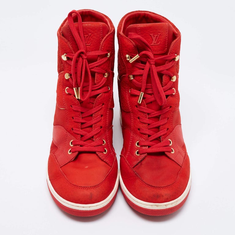 Louis Vuitton Red Leather And Embossed Monogram Suede Millenium Wedge  Sneakers S For Sale at 1stDibs