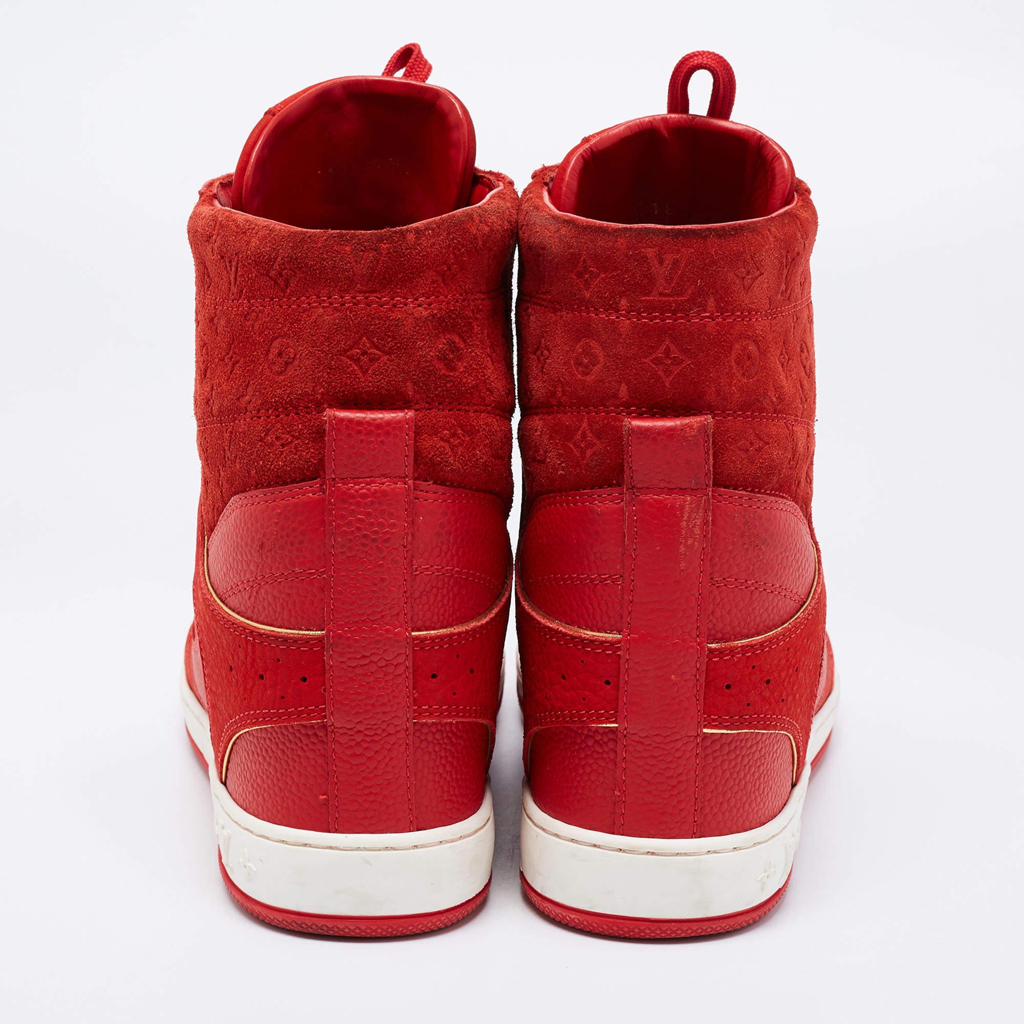 Louis Vuitton Red Leather And Embossed Monogram Suede Millenium Wedge Sneakers S In Good Condition For Sale In Dubai, Al Qouz 2