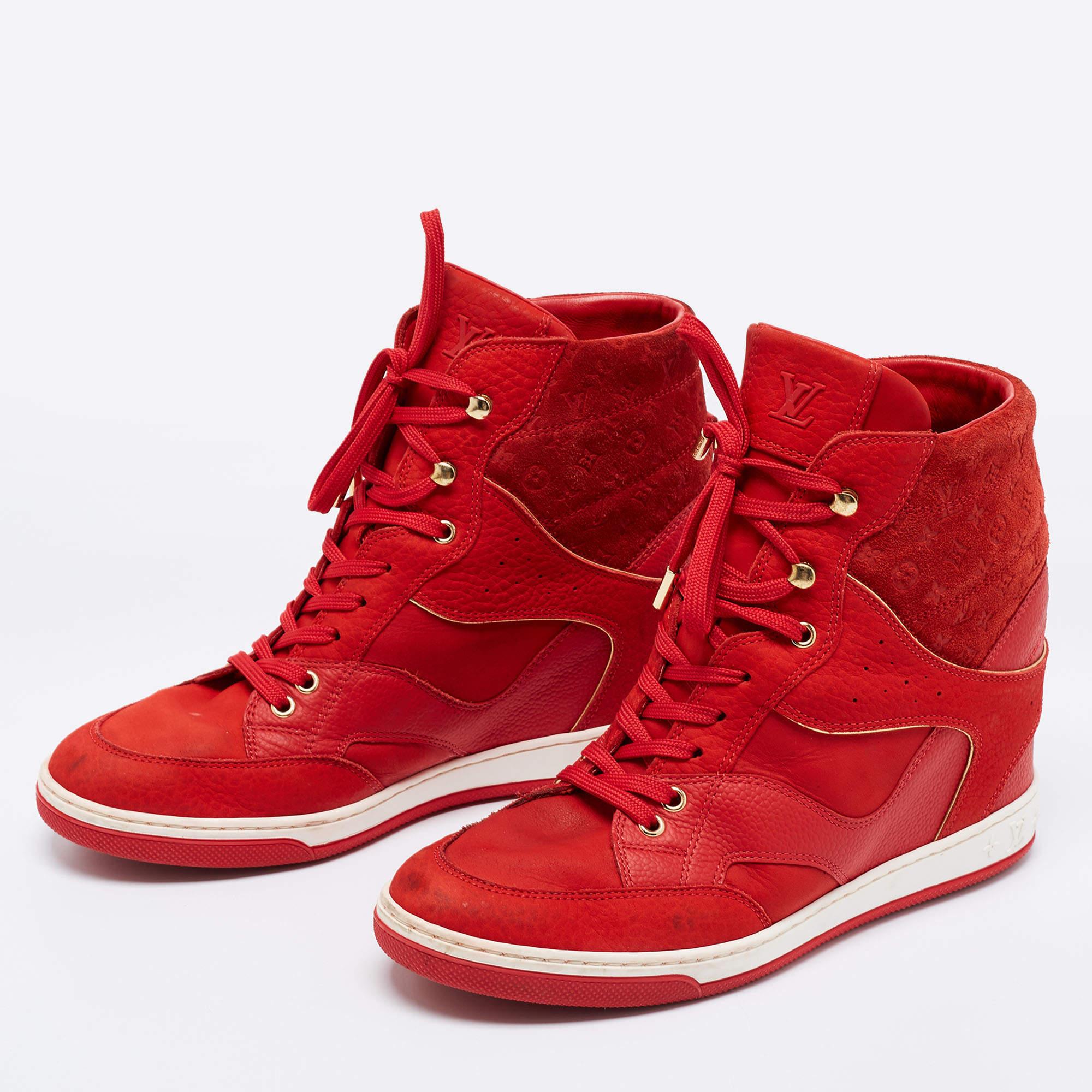 Women's Louis Vuitton Red Leather And Embossed Monogram Suede Millenium Wedge Sneakers S For Sale