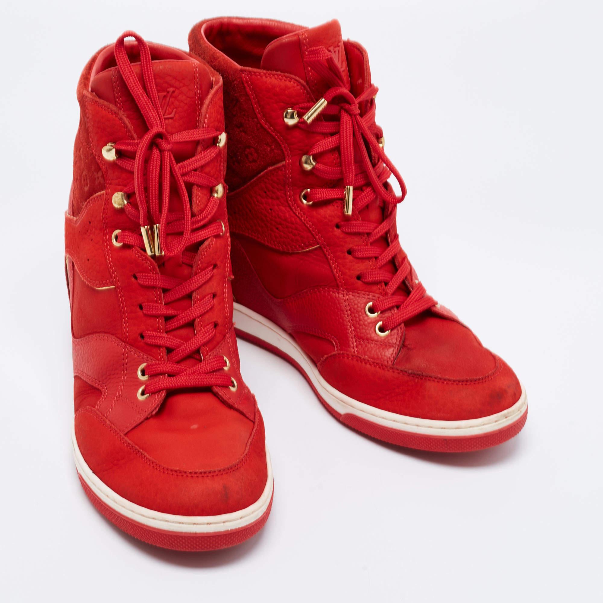 Louis Vuitton Red Leather And Embossed Monogram Suede Millenium Wedge Sneakers S For Sale 1