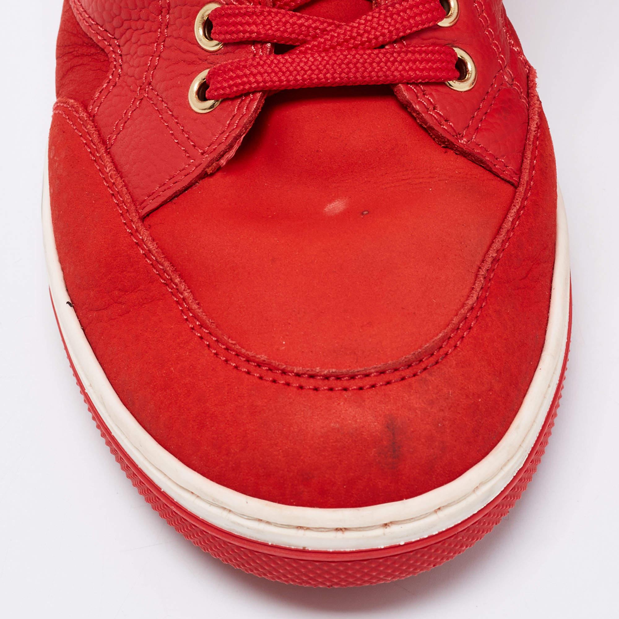 Louis Vuitton Red Leather And Embossed Monogram Suede Millenium Wedge Sneakers S For Sale 3