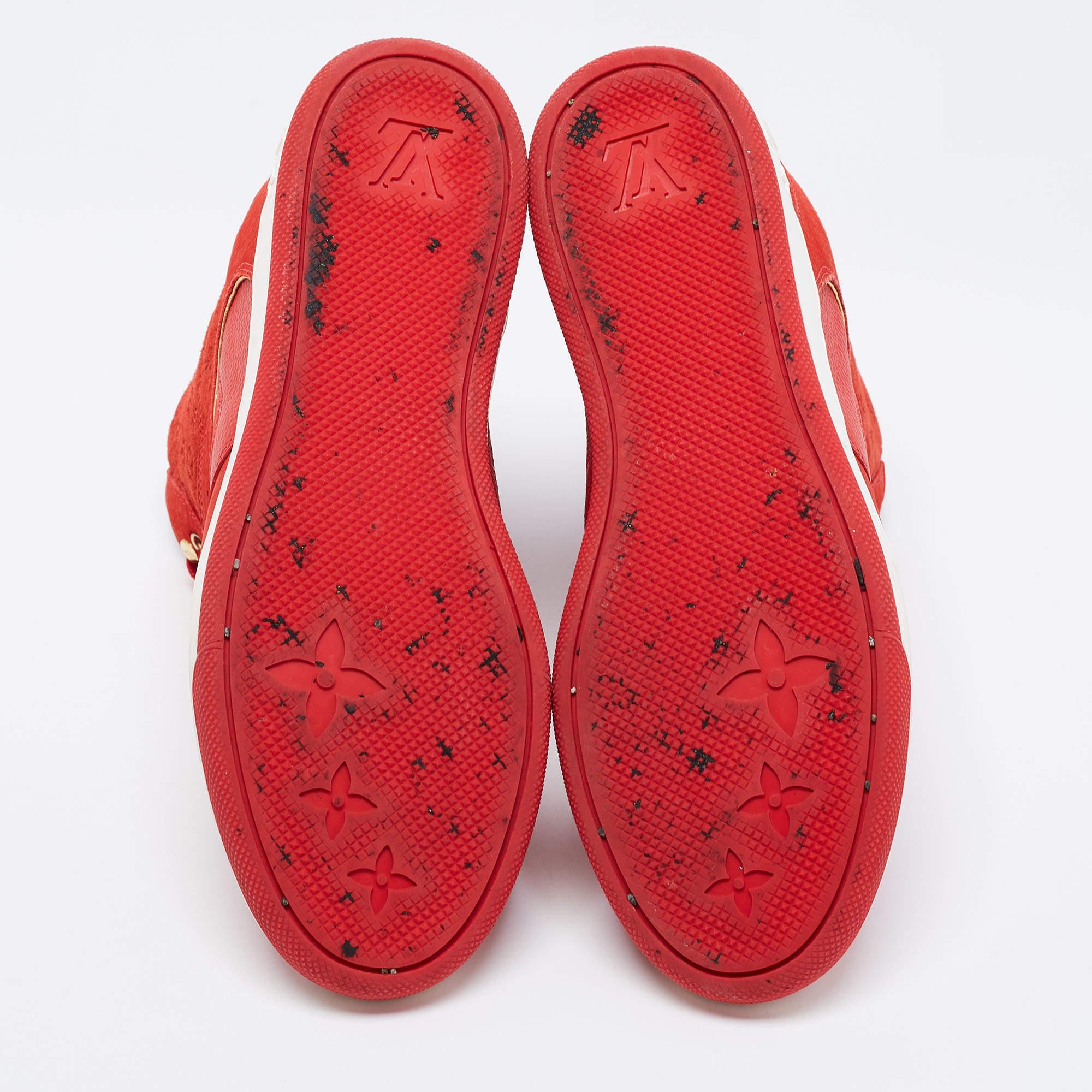 Louis Vuitton Red Leather And Embossed Monogram Suede Millenium Wedge Sneakers S For Sale 4