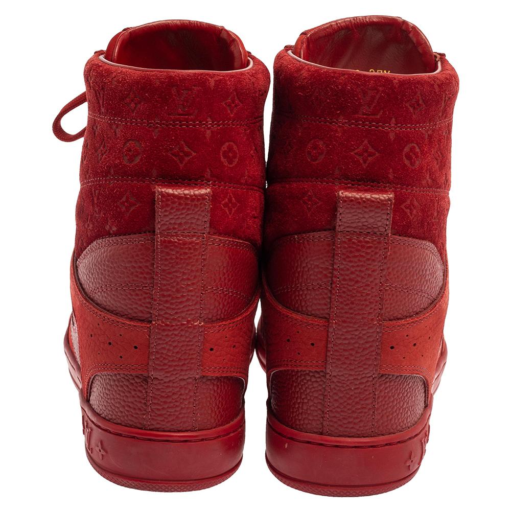 Louis Vuitton Red Leather And Embossed Monogram Suede Sneakers Size 37.5 In Good Condition In Dubai, Al Qouz 2