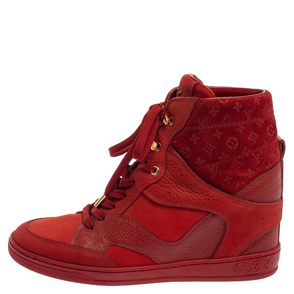 Louis Vuitton Red Leather And Embossed Monogram Suede Sneakers Size 37.5 1