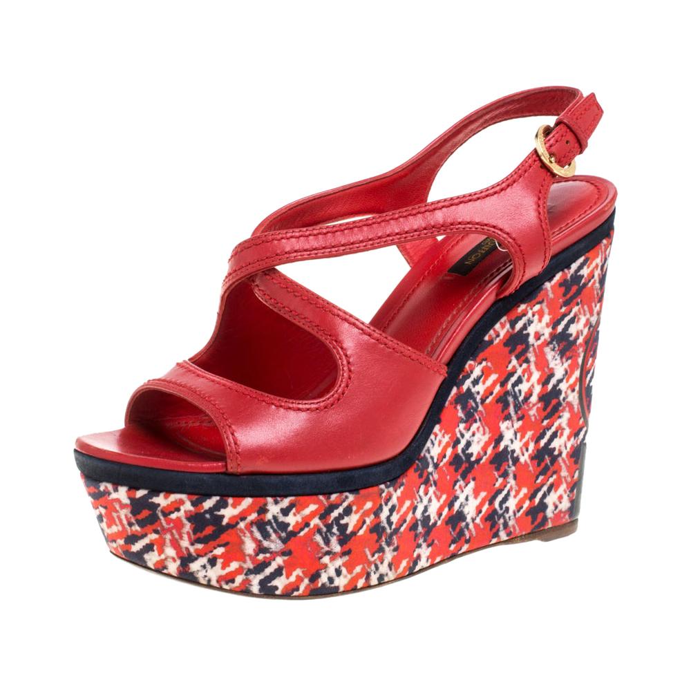 Louis Vuitton Red Leather And Multicolor Fabric Wedge Slingback Sandals Size 37