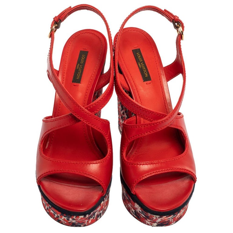 Louis Vuitton Red Leather And Multicolor Wedge Slingback Sandals Size ...