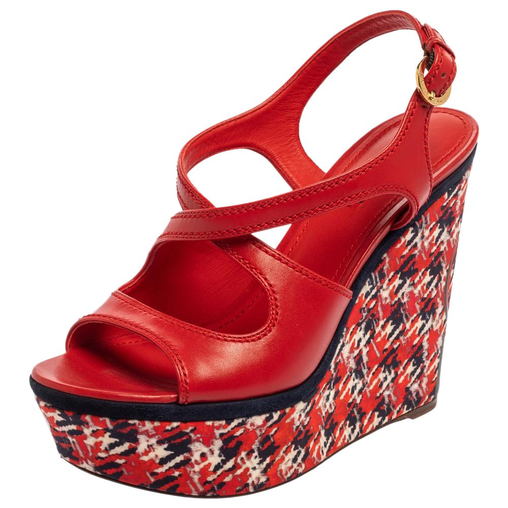 Louis Vuitton Red Leather And Multicolor Wedge Slingback Sandals Size 39