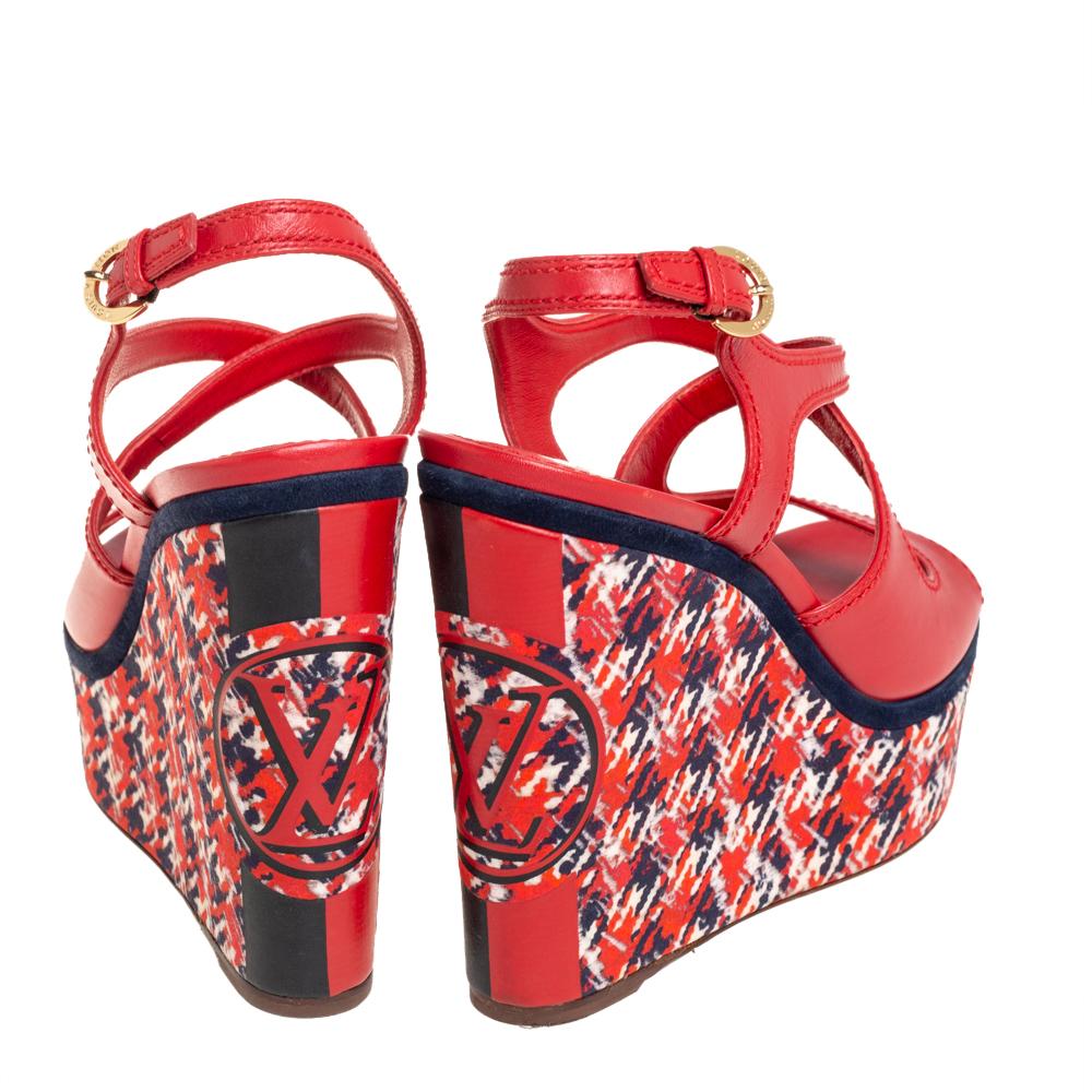 Women's Louis Vuitton Red Leather And Multicolor Wedge Slingback Sandals Size 39.5