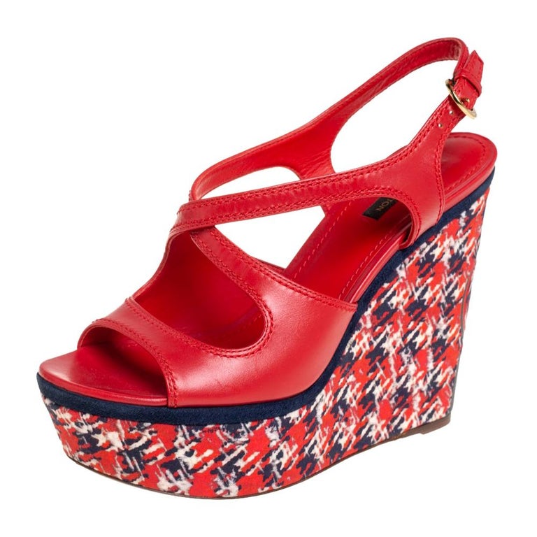Louis Vuitton Red Leather And Multicolor Wedge Slingback Sandals Size ...