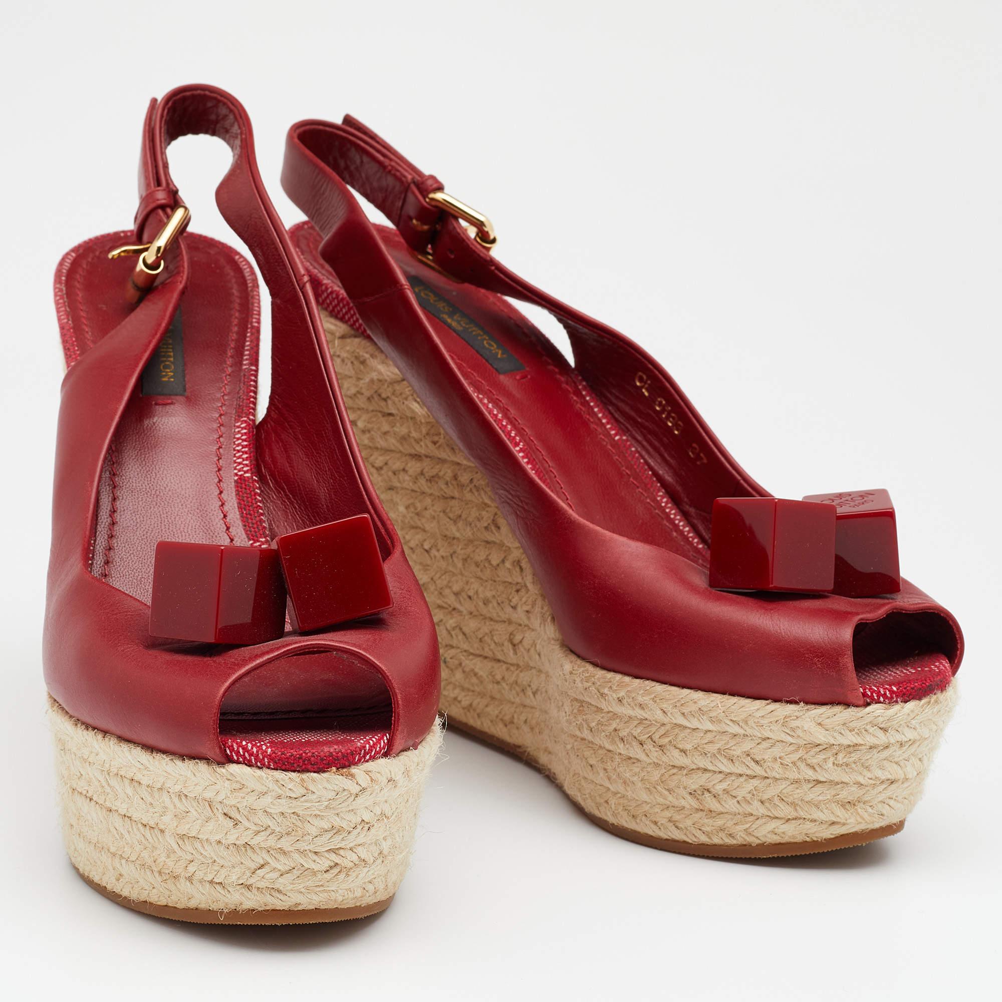 Women's Louis Vuitton Red Leather Gossip Cube Embellished Espadrille Wedge Peep Toe Slin