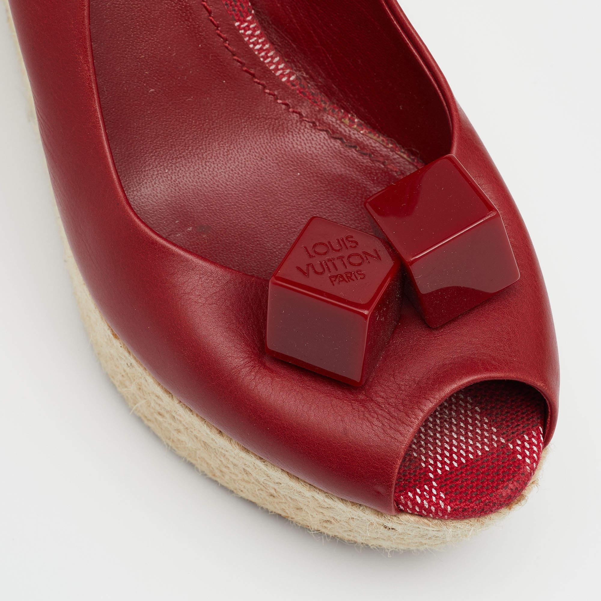 Louis Vuitton Red Leather Gossip Cube Embellished Espadrille Wedge Peep Toe Slin 2
