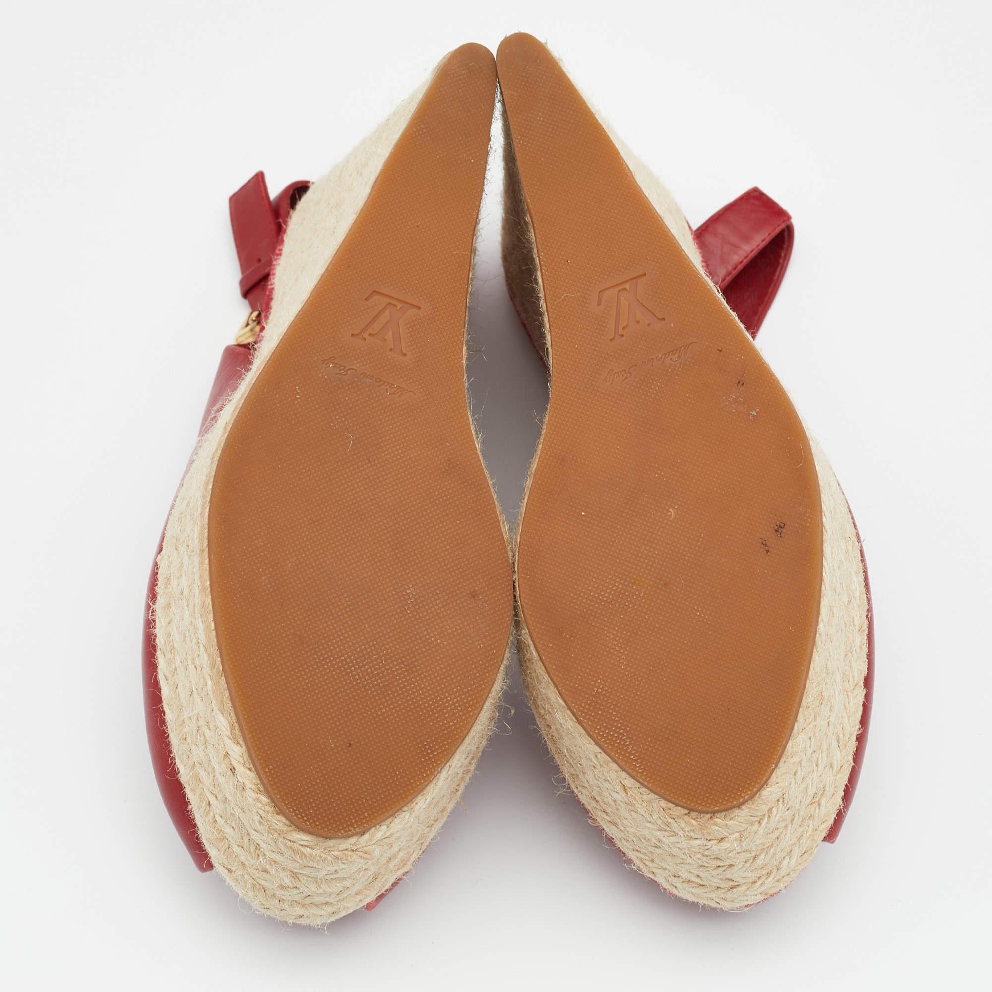 Louis Vuitton Red Leather Gossip Cube Embellished Espadrille Wedge Peep Toe Slin 3