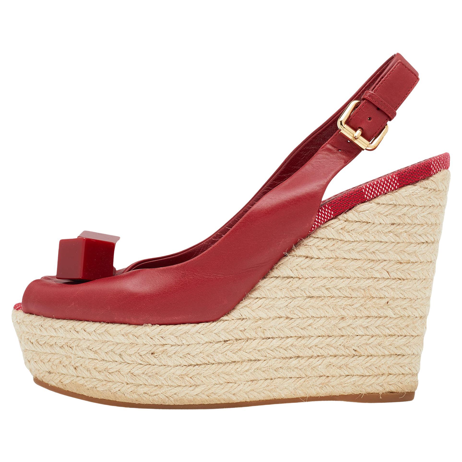 Louis Vuitton Red Leather Gossip Cube Embellished Espadrille Wedge Peep Toe Slin