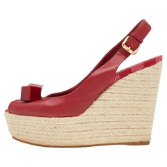 Louis Vuitton Red Leather Gossip Cube Embellished Espadrille Wedge Peep Toe Slin