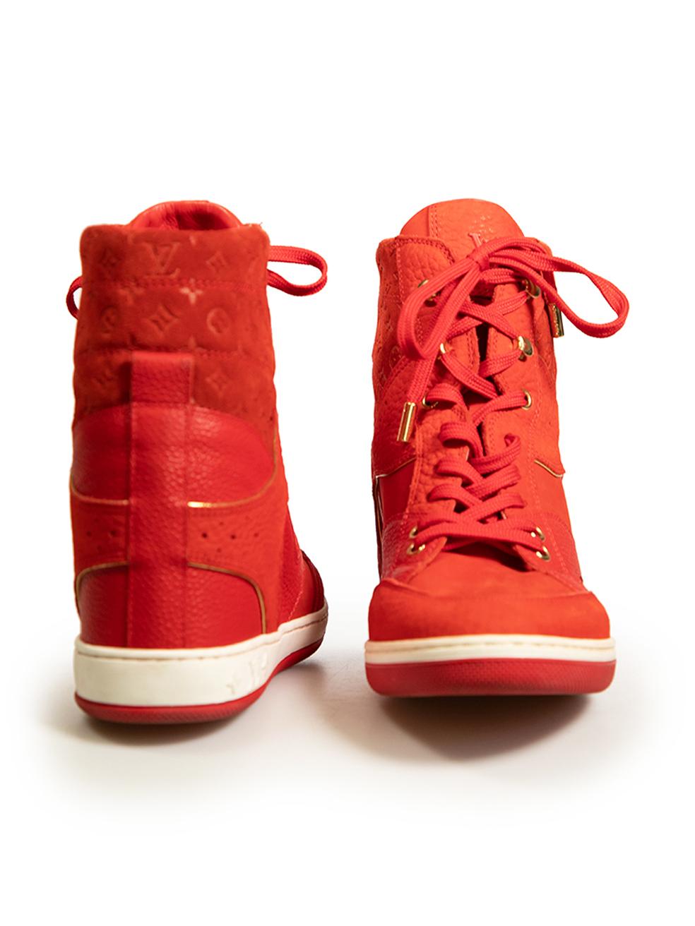 Louis Vuitton Red Leather High-Top Wedge Trainers Size IT 38 In Good Condition For Sale In London, GB