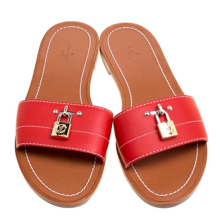 Louis Vuitton Red Leather Lock It Flat Slides Size 37 For Sale at ...