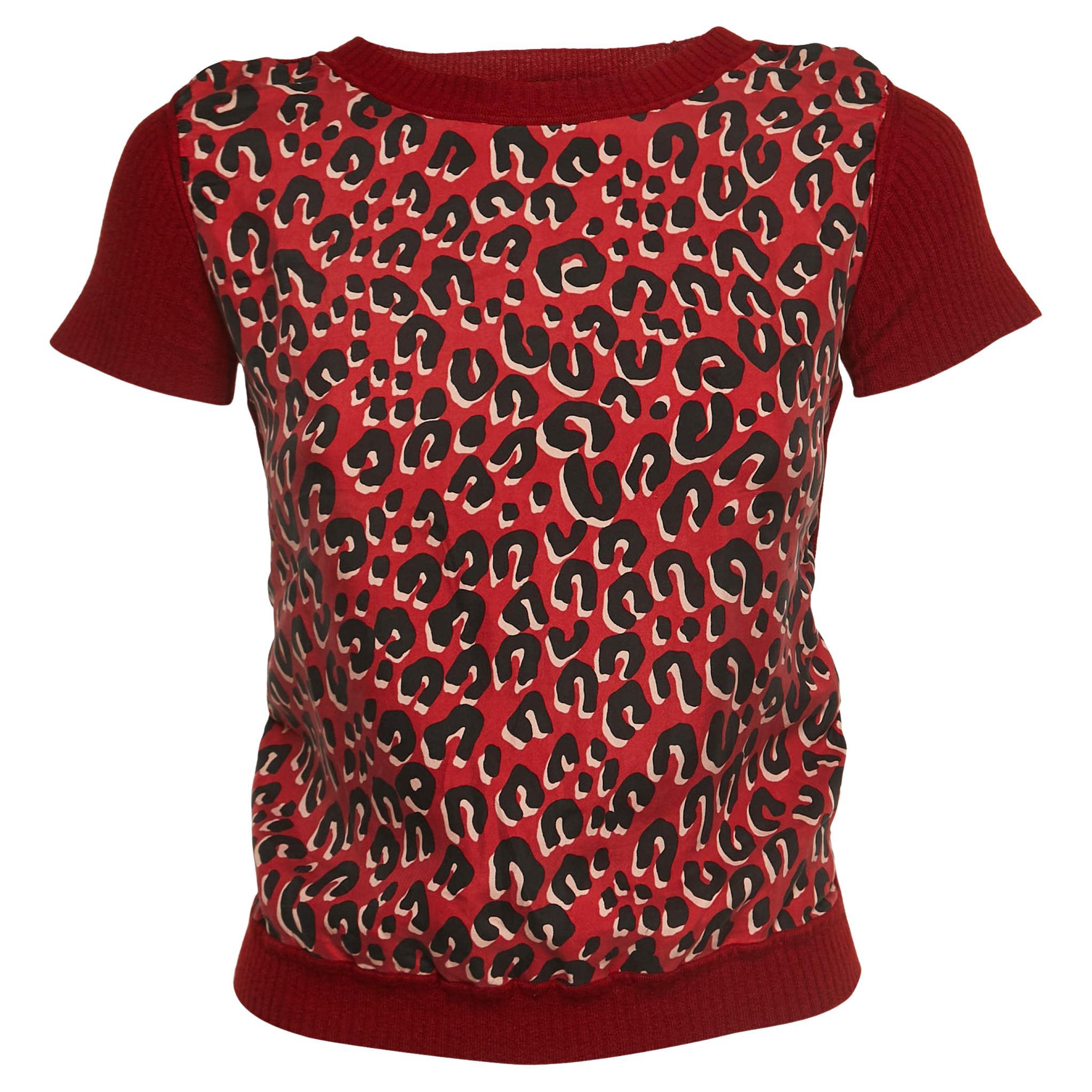 Louis Vuitton Rotes Leopardenmuster Seide & Wolle Kurzarm-Top M im Angebot