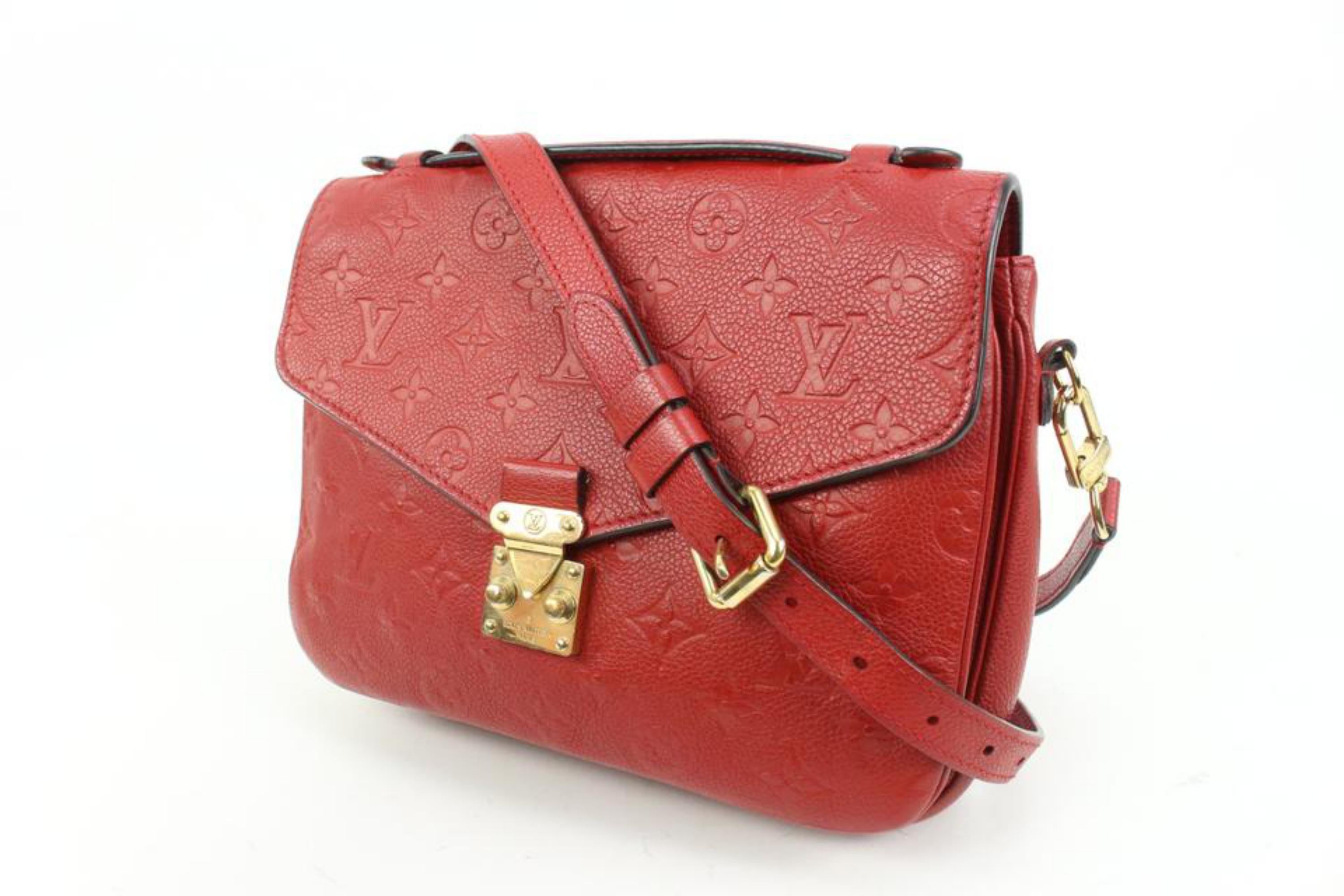 Louis Vuitton Red Monogram Leather Empreinte Pochette Metis Crossbody Bag 41lk78
Date Code/Serial Number: SD2157
Made In: U.S.A
Measurements: Length:  9.5