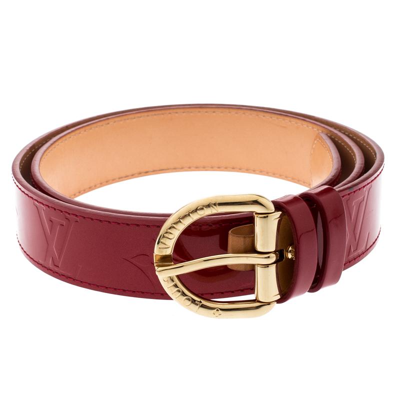 Grab this lovely red belt by Louis Vuitton for the ultimate polished look. Made from glossy Monogram Vernis leather with natural leather lining, it is accented with a gold-tone pin buckle.

Includes: The Luxury Closet Packaging

