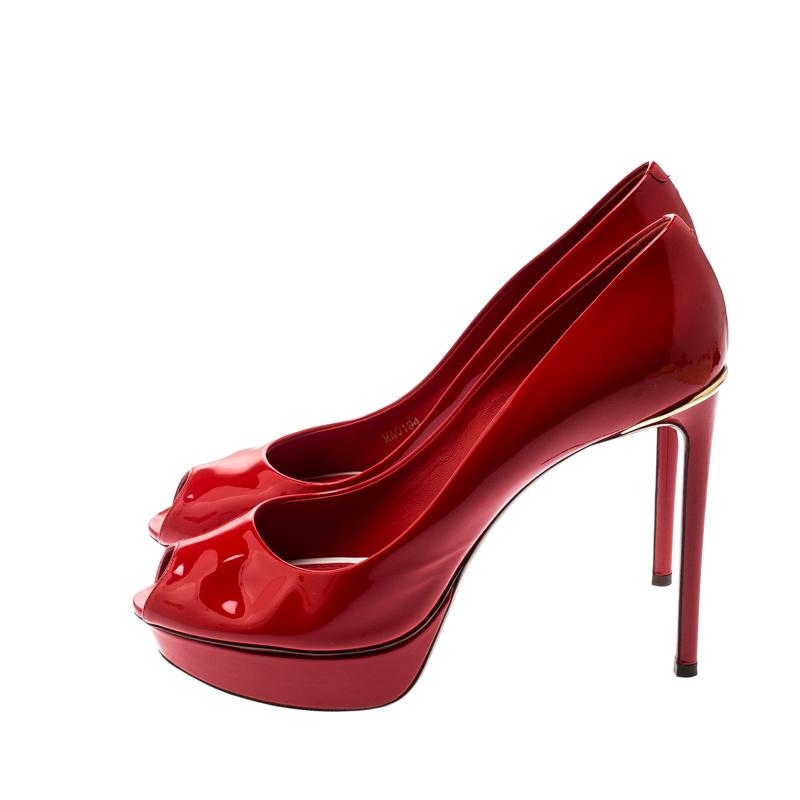 Louis Vuitton Red Patent Leather Eyeline Peep Toe Platform Pumps Size 40 1