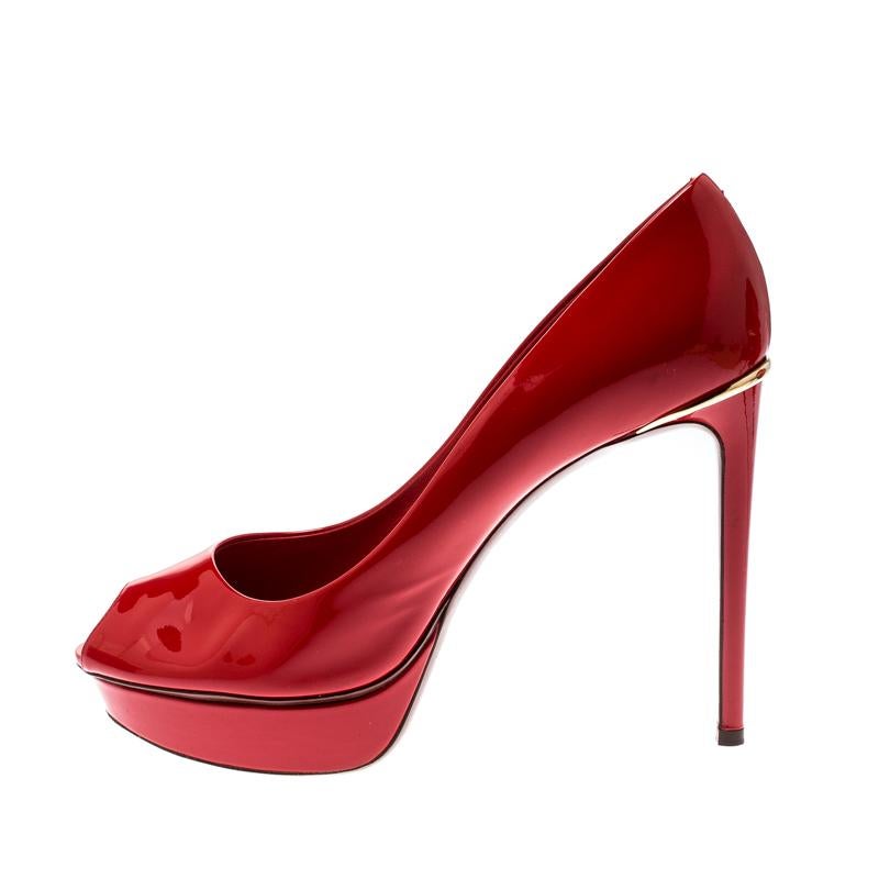 Louis Vuitton Red Patent Leather Eyeline Peep Toe Platform Pumps Size 40 4