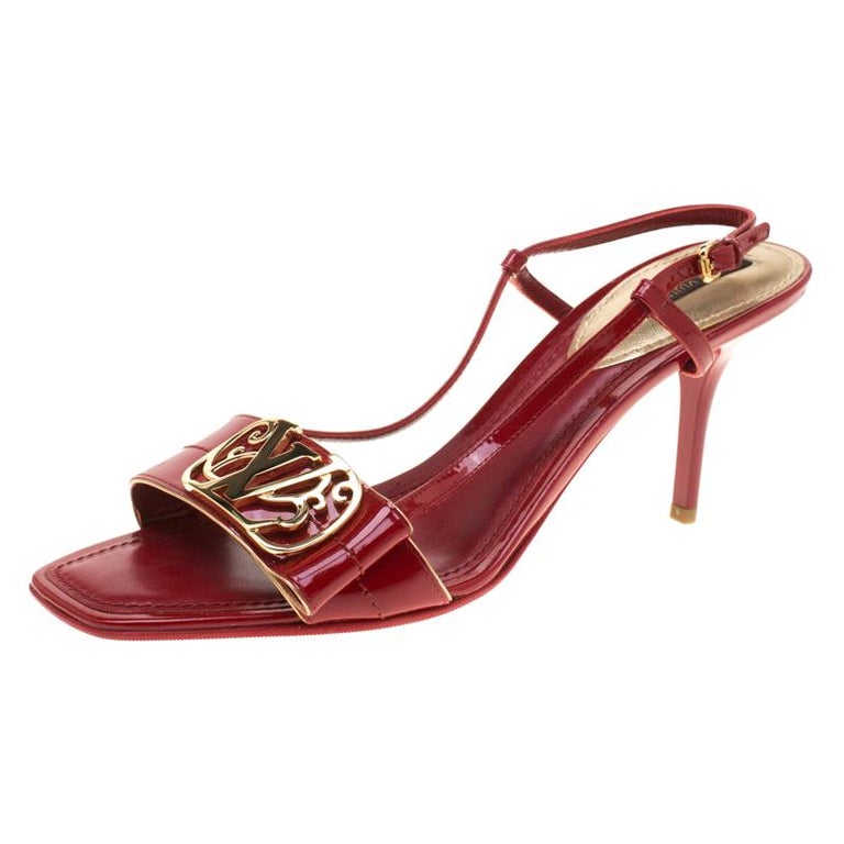 Louis Vuitton Red Patent Leather Logo Detail Slingback Sandals Size 39 ...