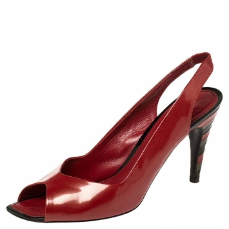 These sandals from Louis Vuitton will lend a stylish edge to your feet. They are crafted from patent leather and feature peep toes, slingbacks, and 10 cm heels. These exclusive red sandals are just what you need to take your style a few notches