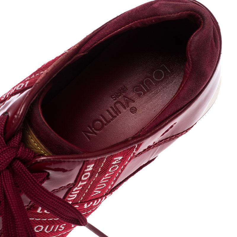 Brown Louis Vuitton Red Patent Leather, Suede And Fabric Logo Sneakers Size 37 For Sale