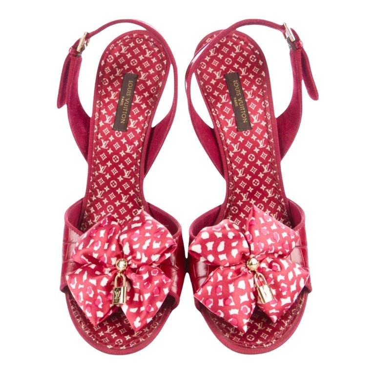 LOUIS VUITTON Red Satin Bow Exotic Peep Toe High Heel Sandals Lock Plate For Sale