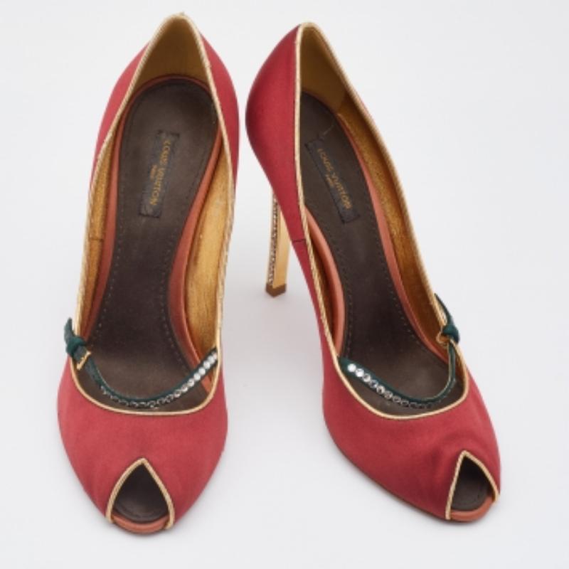 Brown Louis Vuitton Red Satin Crystal Embellished Mary Jane Peep Toe Pumps Size 38.5 For Sale