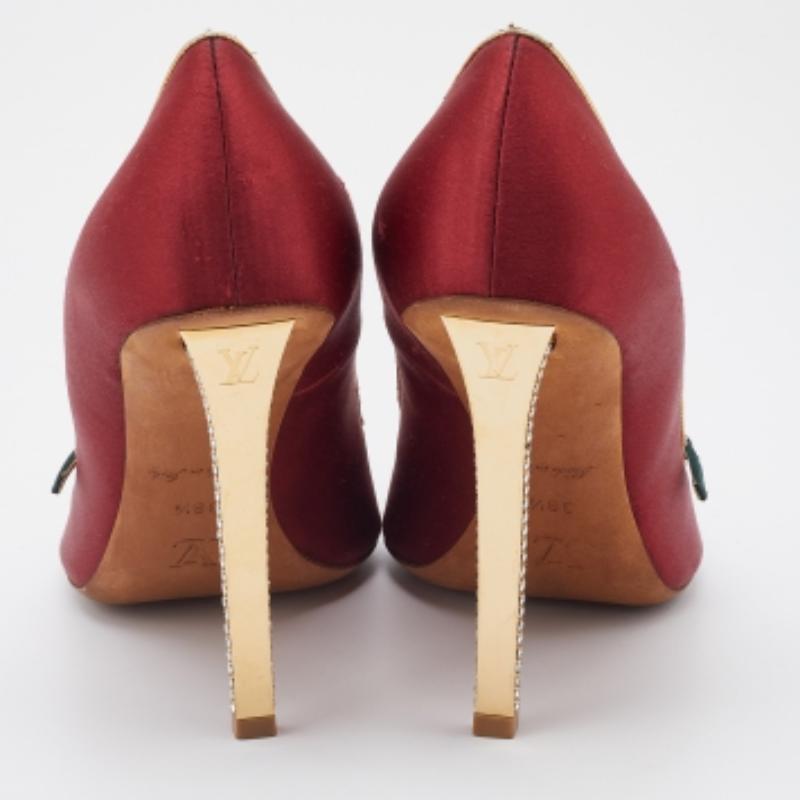 Louis Vuitton Red Satin Crystal Embellished Mary Jane Peep Toe Pumps Size 38.5 For Sale 1