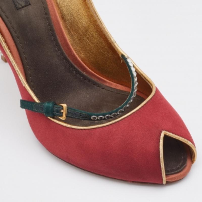 Louis Vuitton Red Satin Crystal Embellished Mary Jane Peep Toe Pumps Size 38.5 For Sale 2