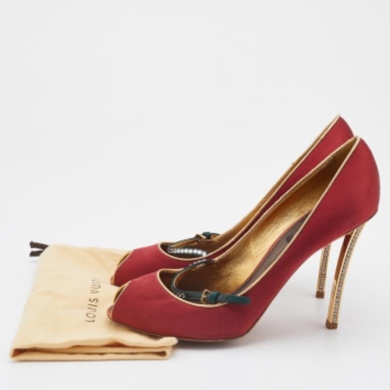 Louis Vuitton Red Satin Crystal Embellished Mary Jane Peep Toe Pumps Size 38.5 For Sale 4